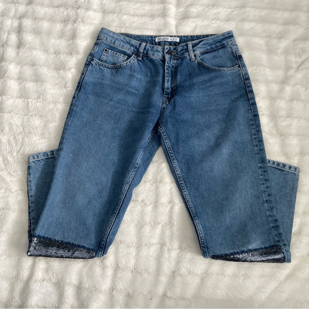 Zara Basic Z1975 Denim Sequin Patch Work Jeans Si… - image 1